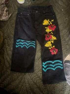 Levi's Black Jeans with Purple Hibiscus and Green Palm Pockets